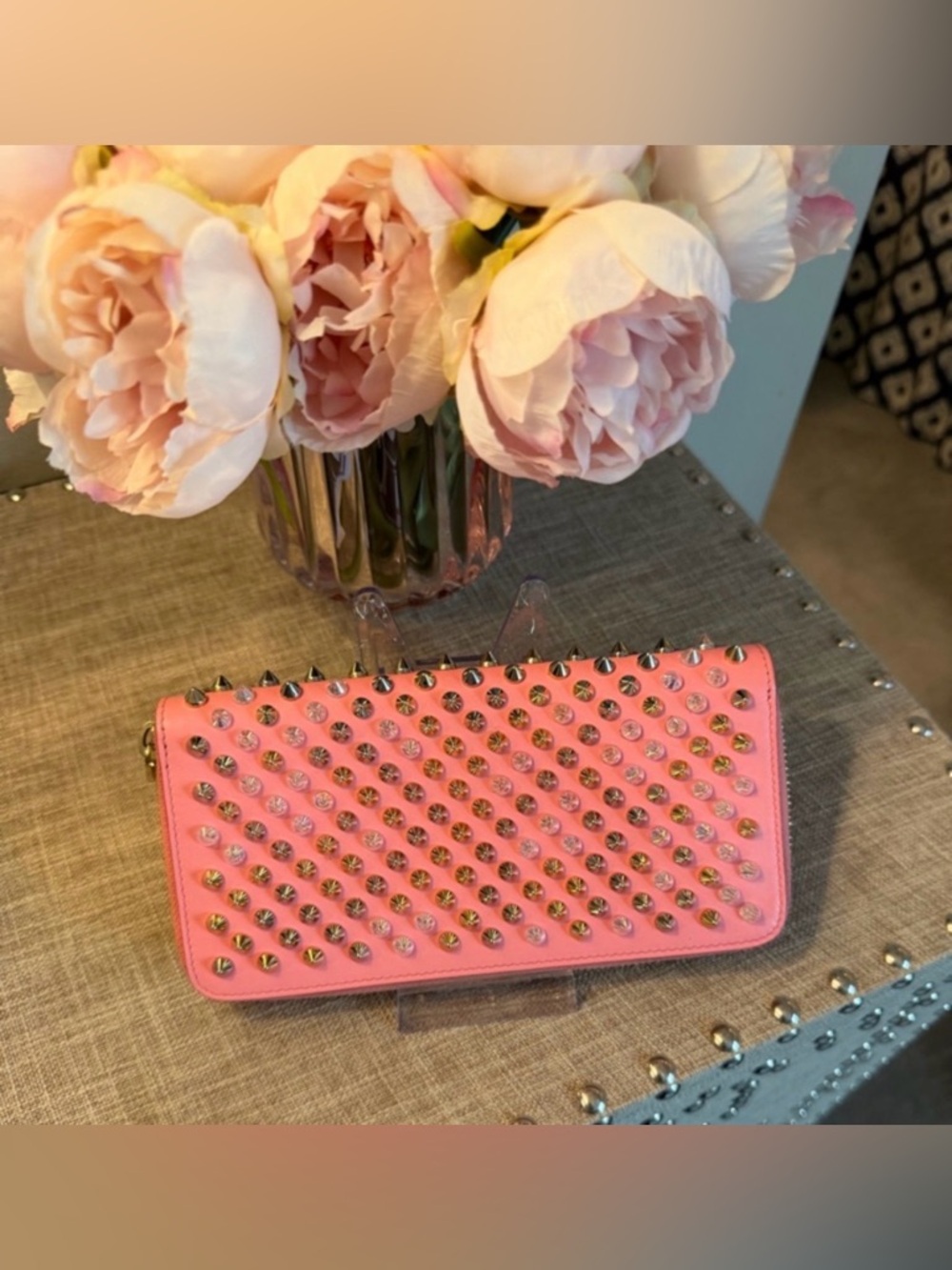 EUC Christian Louboutin Pink panettone Studded Women's Long Wallet